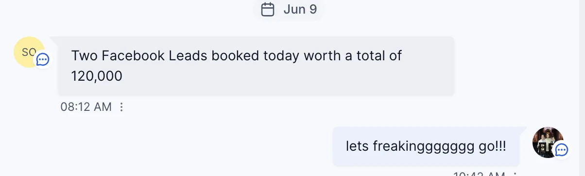 Client text: two Facebook leads booked, $120K day
