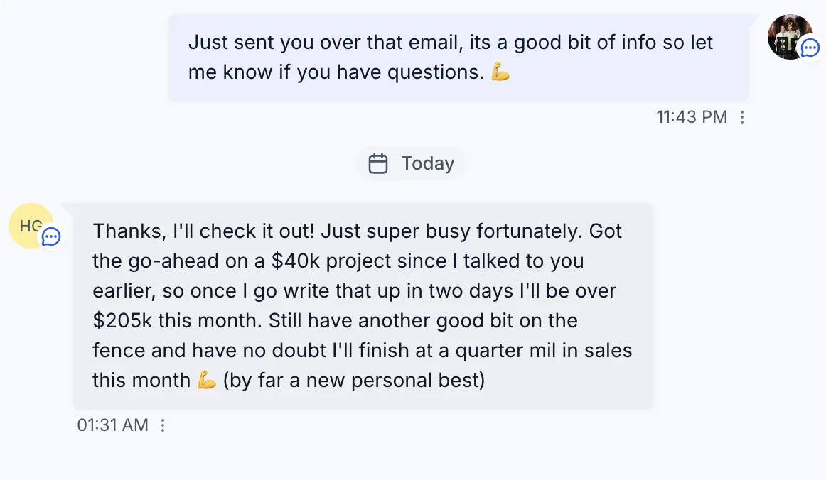 Client text: $205K this month, a new personal best